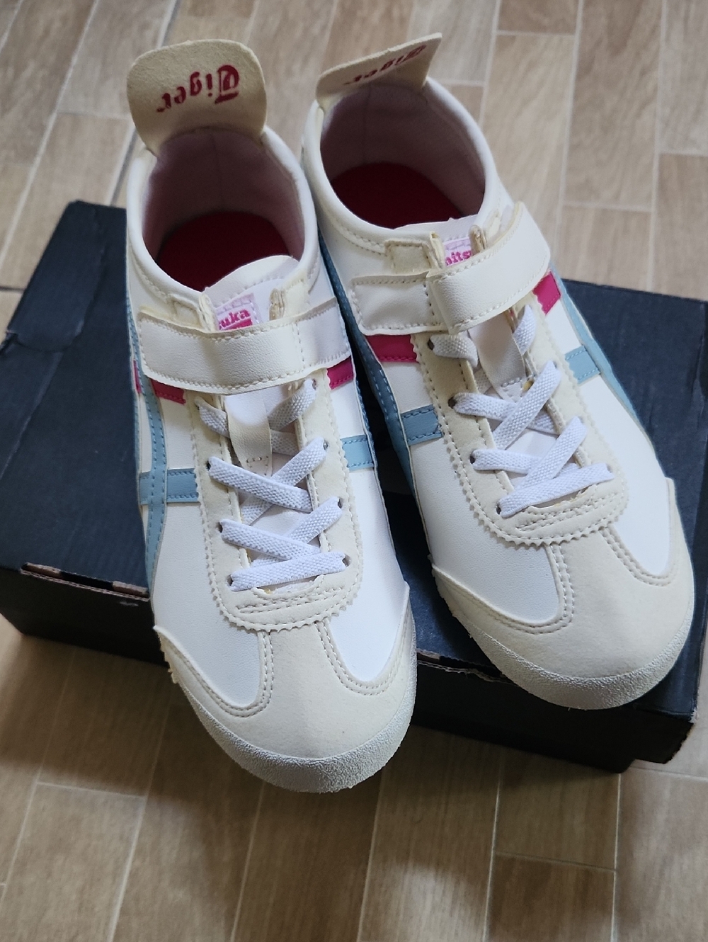 Onitsuka Tiger by Asics White Sneakers with Pink & Light Blue Stripes